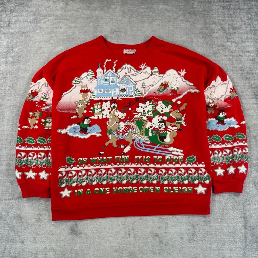 Vintage Nutcracker Sweatshirt Mens XL Red Puff Print 90s Christmas Winter Sleigh